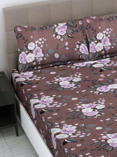 FABINALIV Brown Floral 300 TC Cotton Blend King Size Double Bedsheet with 2 Pillow Covers (FLBS-1166-Brown)