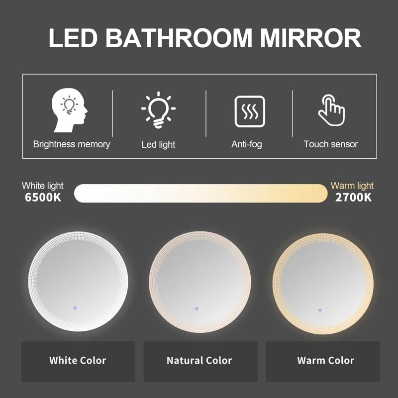 Artessa Modern Backlit Round LED Mirror with Defogger, Dimmer-Option, 3-Colour LED for Bathroom (60 x 60 CM)