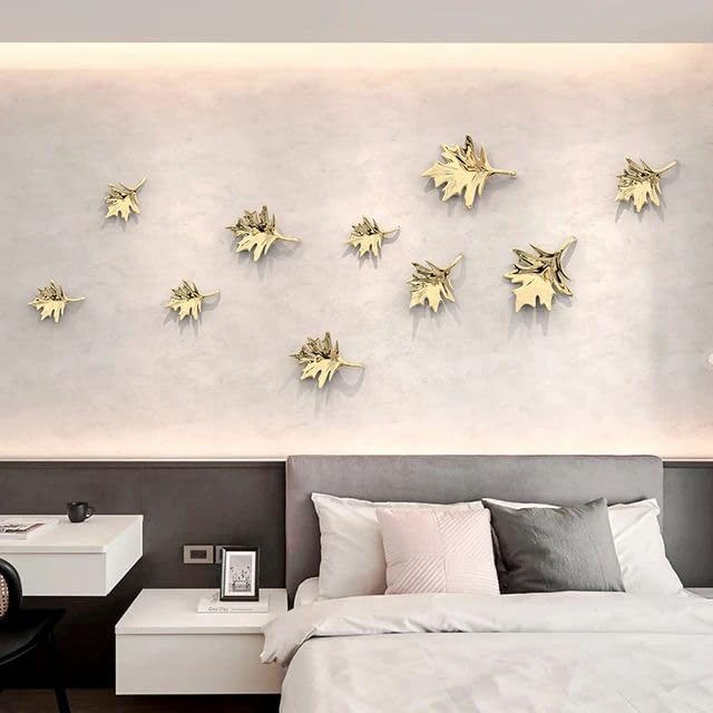 ZOVE Metal Mapple Leaf Set of 10 Wall Art - Perfect for Home, Hotel, Restaurant, Living Room Decoration - Electroplating Gold