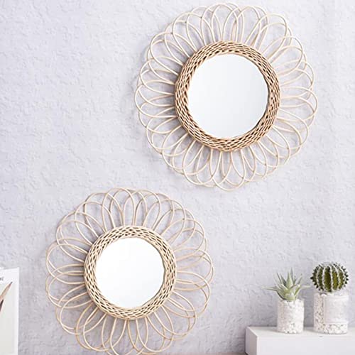 CALANDIS® Rattan Round Makeup Mirror Bathroom Wall Hanging Mirror Art Bedroom Decors Inner Dia 17cm