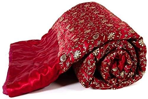 fashhub Traditional Light Weight Satin Silk Double Bed Floral Print Soft AC Quilt for Winter Silk Blankets (Maroon, 90x100 Inch)