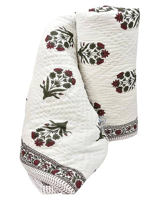 EMIOUR 400 TC Jaipuri Light Weight Pure Cotton Traditional Hand Block Big Flower Print Double Bed Quilt/Razai/Rajai (White & Green, 90 x 105 Inches, Double Bed)