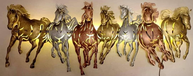 AntarYuga Metal 7 Running Horse small with LED Wall Artfor Home Living Room/Bedroom/Office/Hotel/Cafe/Farmhouse-43X5X75 Cm