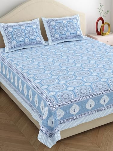 Aeson Jaipury Printer 220 TC 100% Cotton King Size Bedsheet and 2 Pillow Covers (Blue)