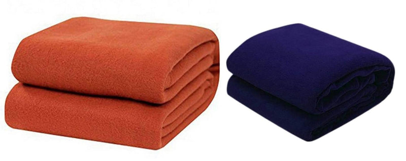 Wavva® Plain and Printed Fleece 2 Single Bed Blankets-Orange,Blue (Set of 2)