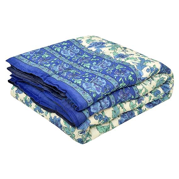 fashhub 240 TC Double Bed Organic Cotton Jaipuri Razai Bed Blanket Ac Quilt for Winter and Summer Soft Light Weight Rajasthani Traditional Rajai Cotton Comforter 85 x 100 inch Blue-Green Flower