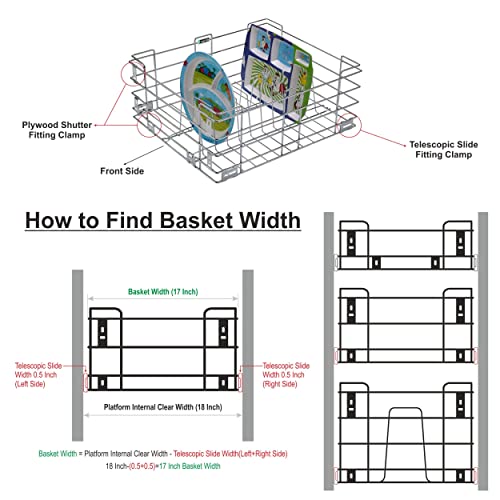 SmartSlide Set Of 3 Stainless Steel Kitchen Basket For Modular Kitchen/Kitchen Trolley/Kitchen Drawer/Kitchen Cabinet/Utensils Storage Organizer (17 X 20 Inch) Pull-Out Shelves,Pull-Out Shelf,Silver