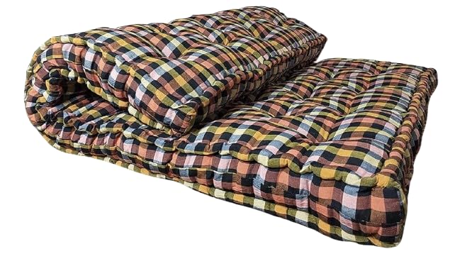 Gadde.Com Thick Soft Quilt Mattress with Foldable Frame, 5 Inches, Double Bed Size, Multicoloured Cotton and Gingham Plaid (72X30X5 Inches or 2.5X6 ft)