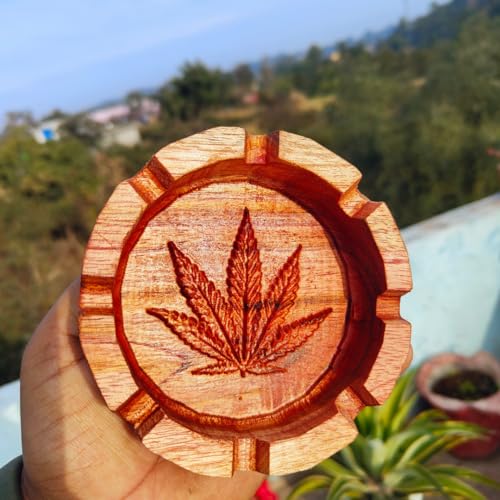 Handcrafted Wooden Ashtray with Carved Leaf Design, Standard Size,Round Shape, 8 Holders, Perfect for Gift & Home Decor - Pack of 1