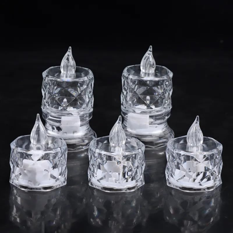 Crystal LED Tea Light Flicking Candle 6 Pieces Decorative Smokeless Flameless Acrylic Candles Lights for Home Decoration for Diwali, Christmas, Anniversary (Yellow, 5CM, Pack of 6)