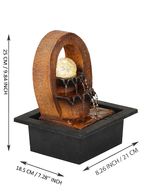 CRAFT SMITH Polyresin Brown Designer Oval Table Top Indoor 2 Steps Waterfall Fountain with Yellow LED Lights, Water Flow Controller Pump and Crystal Ball (Size: 25 x 21 x 18.5CM | Weight: 1180grm)