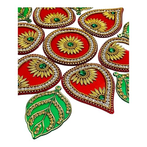 Krisah Acrylic Rangoli, 11 inch Diameter, Red and Green with Floral Design, Reusable Festival Decoration