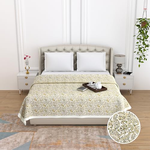 THE LINEN COMPANY Cotton Double Bedsheet with Double Dohar, Reversible AC Blanket with Silk Border | 300 TC Soft Lightweight (Combo Set, Green Paisley)