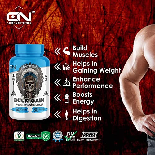 Canada Nutrition Bulk Gain Mass & Weight Gainer Capsule for Fast Weight & Muscle Gain, Daily Muscle Building Weight Lifters Supplement for Muscle Growth, Stamina & Strength, For Men & Women - 90 Cap.