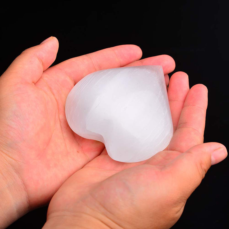 AMOYSTONE Selenite Crystal Heart Shaped Worry Stone Large Home Decoration for Chakra Energy Healing 2PC