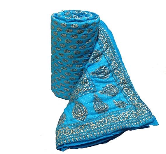 fashhub World Famous Jaipuri Light Weight Pure Cotton Traditional Rajasthani Print Multi Colour Single Bed Quilt/Razai/Rajai (Sky Blue, Single Bed)