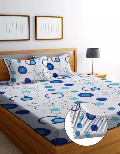 Madhu Textiles Alluring 250 TC Cotton All Round Elastic Fitted Double Bedsheet (72X78 inch) with 2 Pillow Covers (Super King, Blue White)