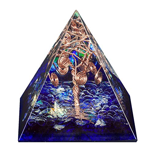 Amogeeli Crystal Orgone Pyramid with Copper Tree of Life EMF Protection Stone for Decor, Dark Blue