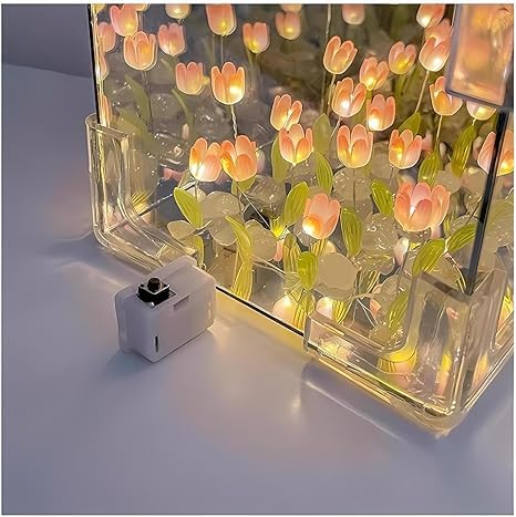 SPITEN Artificial Tulips in Crystal Box – Handmade DIY Pink Tulip Cube Mirror Lamp, LED Night Light for Bedroom, Unique Flower Table Lamp, Ideal Gift for Women, Mom, Girlfriend (Square)