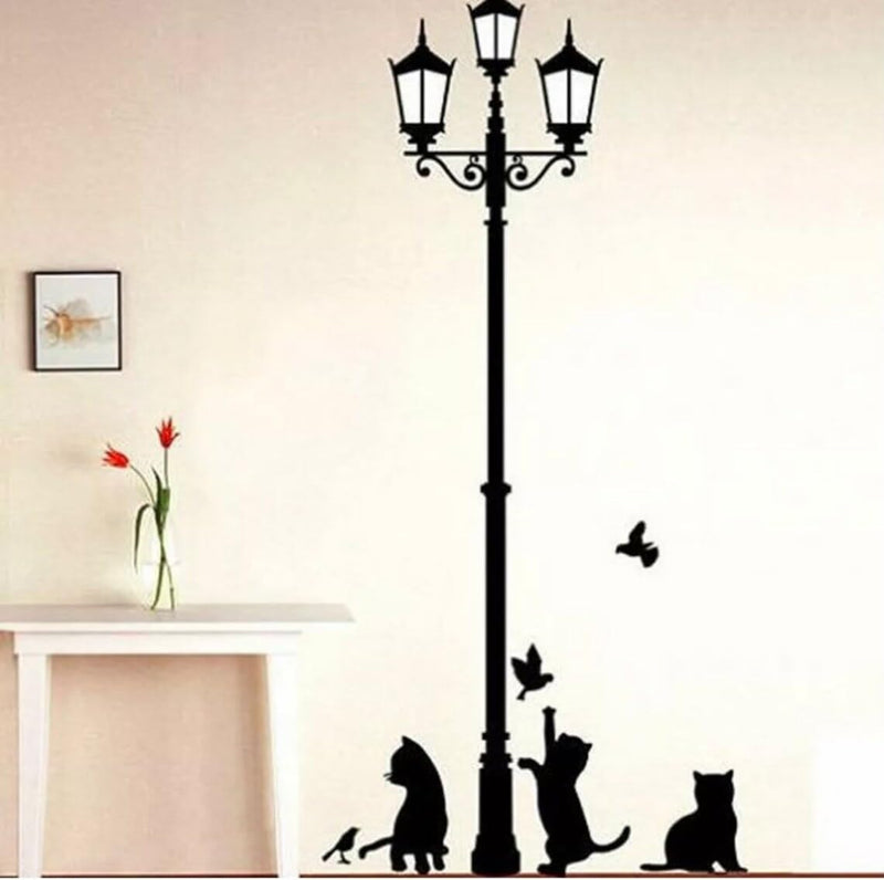 Psychedelic Collection 'Ancient Lamp and Cats' Wall Sticker (PVC Vinyl, 90 cm x 30 cm, Black) (57021), Animal