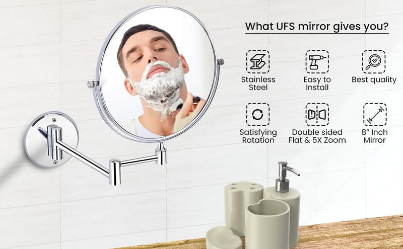 SOMANY Makeup Mirror/Shaving Mirror/Bathroom Mirror with 5X Magnifying Mirror & Wall Bracket with Adjustable Frame (Silver)(Round) Framed | 304 Stainless Steel