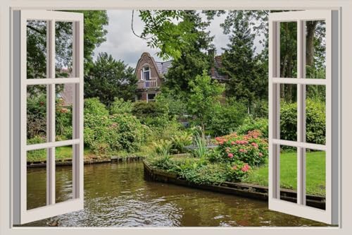 JVERF - JZZA24920 Netherlands Giethoorn Canal Grass Shrubs| Self-Adhesive Open Window Wall Sticker