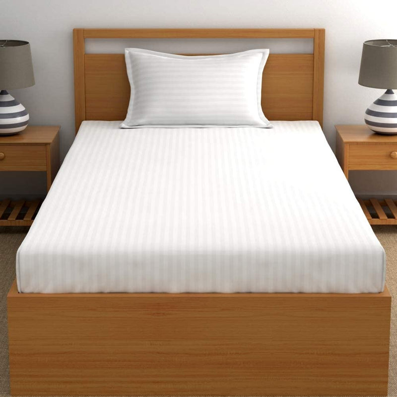 Cool Dealzz Plain White Cotton Stripes Single Size Bedsheet Set with One Pillow Cover 300 TC