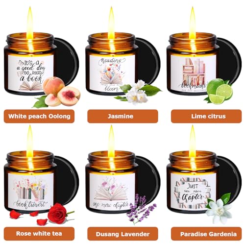 6 Pieces Book Lover Scented Candle 4oz Readers Candle Library Lovers' Day Gifts Soy Wax Jar Candle for Readers Book Lovers Librarian Gifts