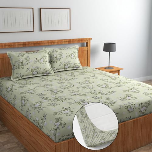 ALSTONIA 220 TC Microfiber Soft Cotton Feel All Around Elastic Fitted Bedsheet King Size,Elastic Fitted King Size Bed Sheet for Double Bed with 2 Pillow Covers, Size- 78” x 72” (Green White Flower)