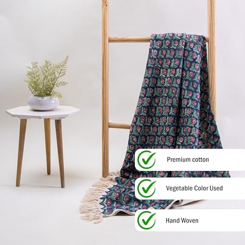 DMAASA Pure Cotton Sofa Throw Blanket | Hand Block Print Floral Throw 50x60 Inches Twill Size | Throw for Sofa, Bed, Chair and Couch | Breathable and Lightweight