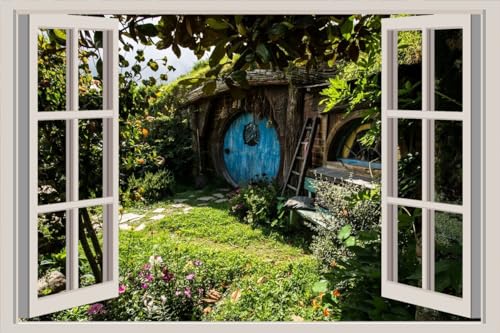 JVERF - JZZA25292 New Zealand Parks Houses Hobbiton Matamata| Self-Adhesive Open Window Wall Sticker