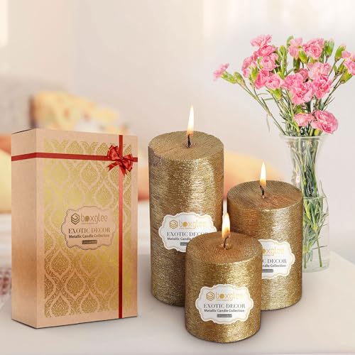 Boxglee Handcrafted Metallic Brushed 100% Pure SOYA Wax Pillar Candles for Stylish Home and Décor | Gifting Etc (Pack of 3pc) Pillar Candle (Gold)