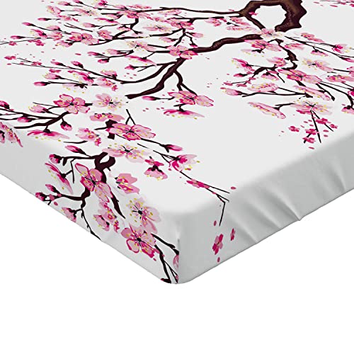 Ambesonne Japanese Fitted Sheet, Branch of a Flourishing Sakura Tree Flowers Cherry Blossoms Spring Theme Art, Bed Cover with All-Round Elastic Deep Pocket for Comfort, King Size, Pink Brown