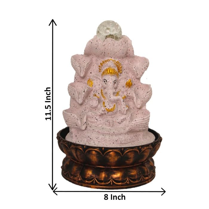 Art N Hub Lord Ganesha Tabletop Waterfall Fountain Decorative Gift Items for Home and Office with Crystall Ball LED Light | Home Inauguration Gift Items (20 x 20 x 29 CM | Dotted Pink Golden)