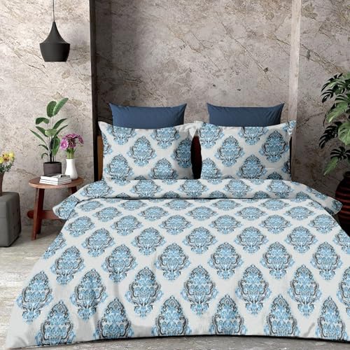 chann studio Italian Luxury 650 TC 100% Cotton King Size Bedsheet for Double Bed with 2 Pillow Covers, Printed Sheet, (274X274 CM,) (White Base, Blue Print)