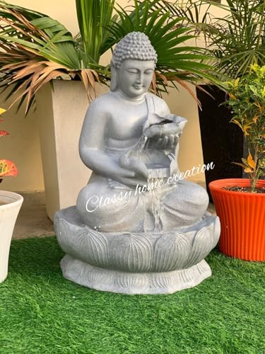 Classy Home Creation Garden Fountain with LED Light, Buddha Statue, Decorative Water Feature, Buddha Kamal Fountain 3 FEET | Home Decor Fountain Fiber (Grey)