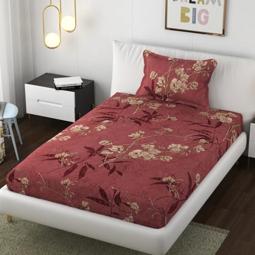 VAINE Premium Heavy Cotton Elastic Fitted Bedsheets with 1 King Size Pillow Covers || Single Bed with All Around Elastic 350 TC || 36 x 78 Inch Single Size Fitted || - Maroon Floral