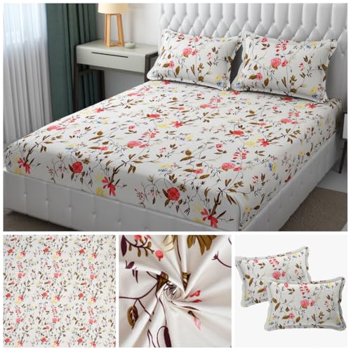 ANAYKA Home Furnishing 300 TC Glace Cotton Feel Flat Bed Sheet for Double Bed 90X100 Inches with 2 Big Size 18x28 Inches Pillow Covers Design