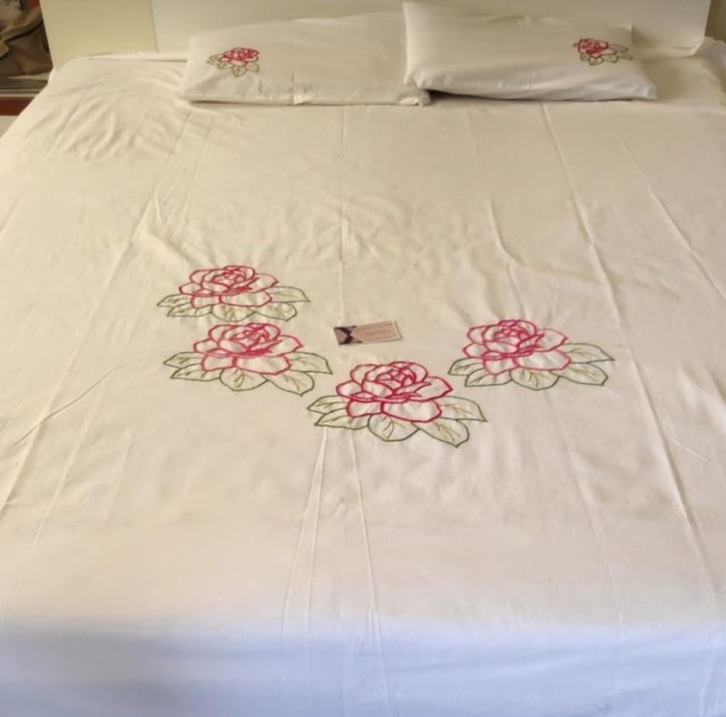 Designer Rose Embroidery bedsheet Double 90x100 with Two Pillow Cover Thread Count 250