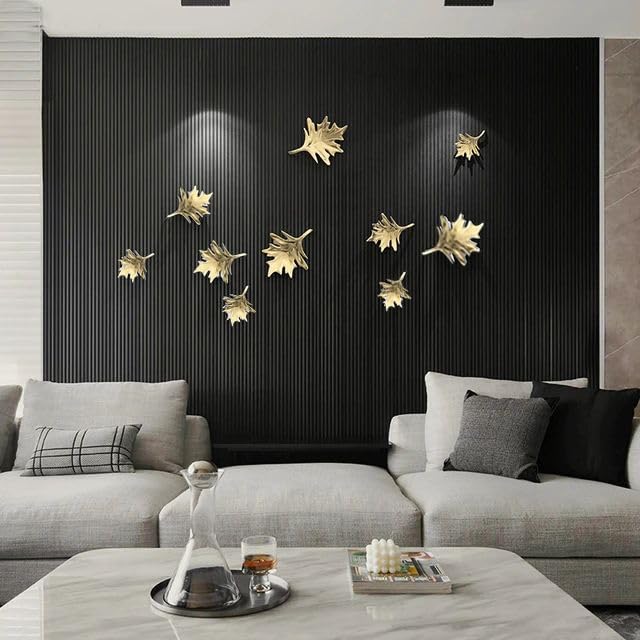 ZOVE Metal Mapple Leaf Set Of 10 Wall Art Perfect For Home, Hotel, Restaurant, Living Room Decoration (Electroplating Gold)