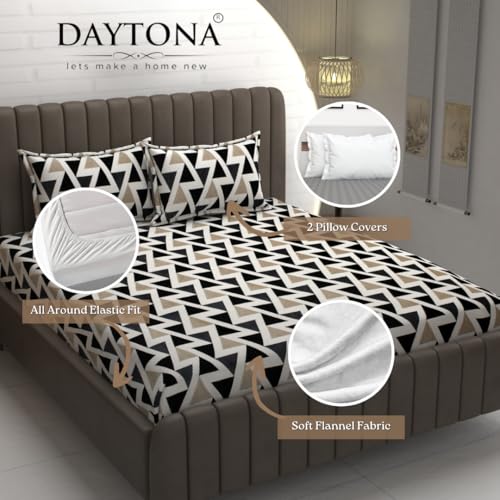 DAYTONA Winter Warm Flannel/Fleece/Velvet King Size All Around Elastic Fitted Bedsheet with 2 Pillow Cover (72" x 78" x 8") | Supersoft (White Triangle, King 72x78)