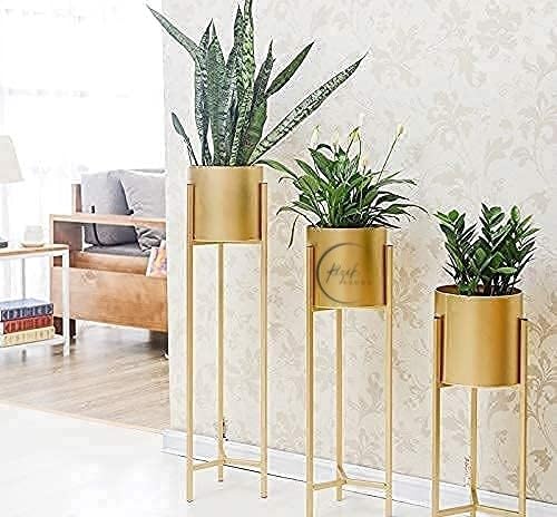 Rizik Store™ Modern Metal Floor Flower Stands for Living Room Bedroom Display Plant Stand Tall Indoor Plant Stand with Planter Pot | Gold |