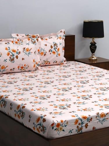 Bombay Dyeing King Size 180 TC 100% Cotton Bedsheet with 2 Pillow Cover- 525B Floral Collection - Size: 274cm x 274cm - 7508 Orange