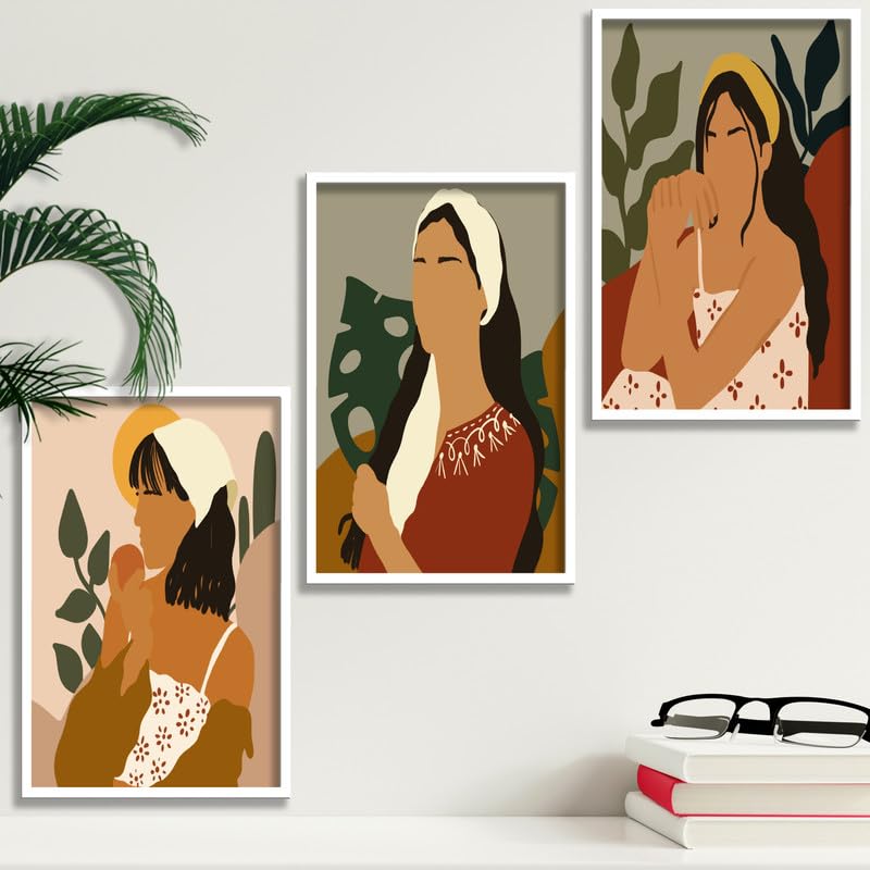 SAF paintings Set of 3 Abstract ladies Boho modern art design Premium white Framed Bohemian wall painting for for Wall, Home and Living Room Decoration 80 cms x 34.29 cms COMBO-2086-K3