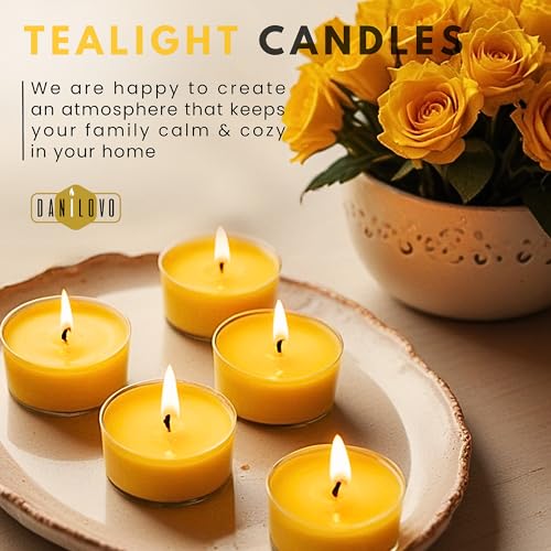 100% Beeswax Candles – Beeswax Tealight Candles with Cotton Wicks – 4 Hour Burn Time –48 Piece Beeswax Candle Set – Beeswax Votive Candles with Recycled Plastic – Pure Beeswax Candles by Danilovo