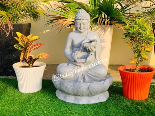 Classy Home Creation Garden Fountain with LED Light, Buddha Statue, Decorative Water Feature, Buddha Kamal Fountain 3 FEET | Home Decor Fountain Fiber (Grey)