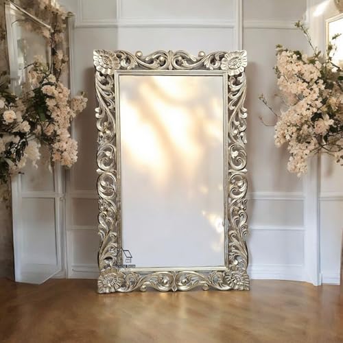 AESTHETIC DECOR Wooden(4x2.5) ft Carved Wall Mirror Frame Solid Mango Wood, | with Out Mirror (White Distress)