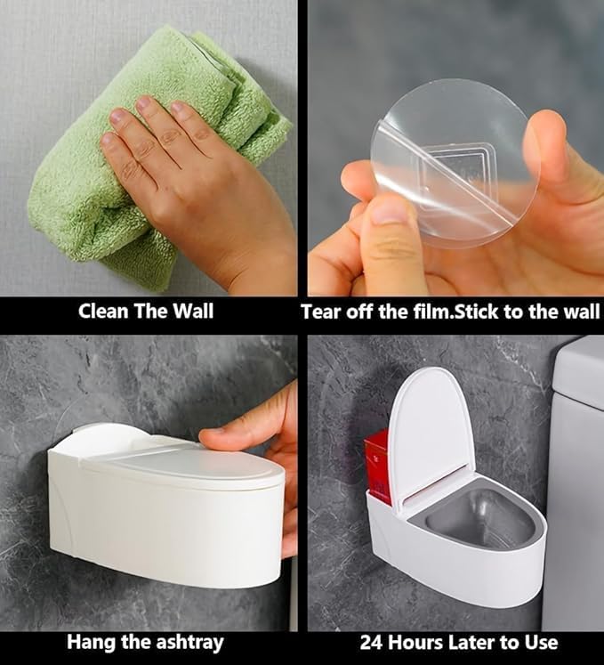 Vroxy Wall Mounted Toilet-Shape Ashtray for Cigarettes for Indoor Outdoor, Punch Free Stainless Steel Cigarette Bin with Lid Adhesive Ashtray for Cigarette Smokers (1Pcs)