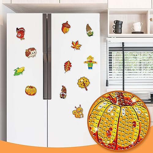 Whaline 12Pcs Fall Diamond Painting Magnets Set Pumpkin Maple Leaves Turkey Gnome Fridge Magnet Diamond Painting Kits for Autumn Holiday Thanksgiving Home Office School Kitchen Locker Decor