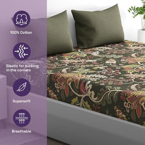 100% Cotton 152 TC Fitted Bedsheet with 2 Pillow Covers | Chintz King, 72" x 70", Chintz| 1.83m x 1.78m